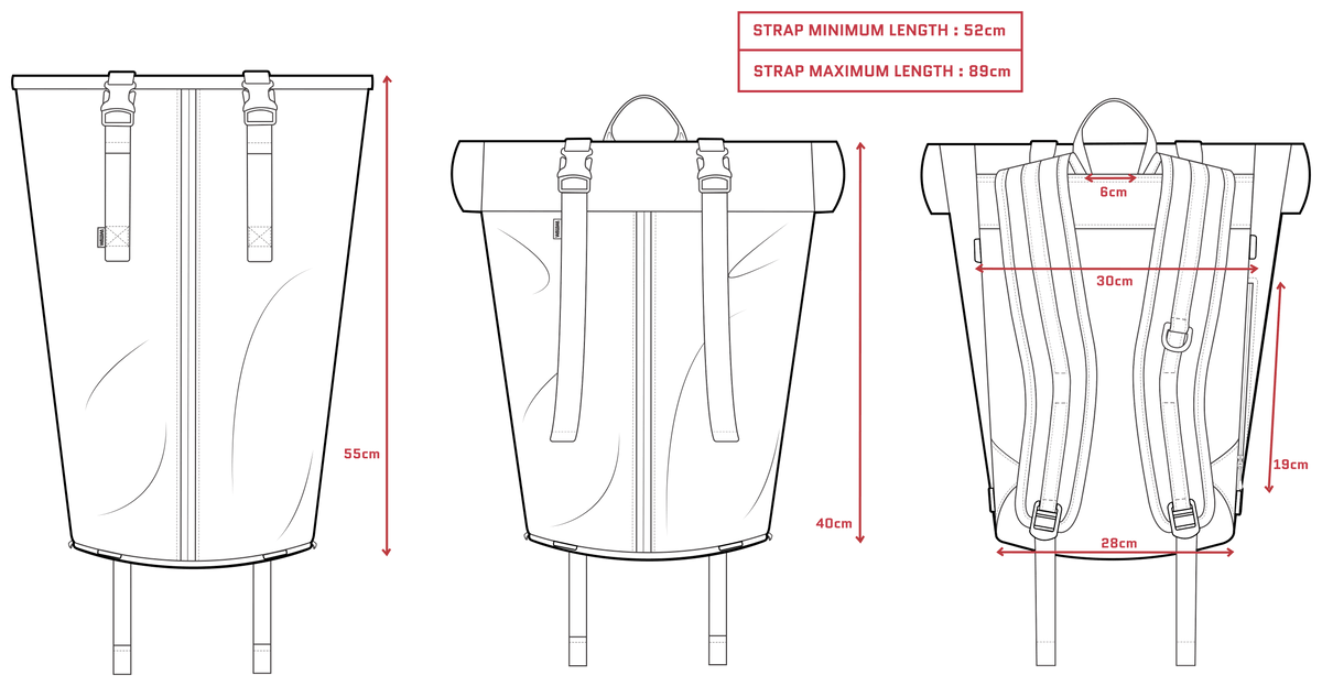 Bridge Backpack external dimensions diagram: 55cm tall unrolled, 40cm rolled, 30cm wide at the back panel, 28cm at the base, 6cm grab handle, shoulder straps adjustable 52cm to 89cm